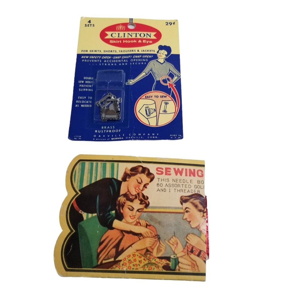 Vintage Sewing Supplies Clinton Skirt Hook & Eyes Needle pack Craft Ephemera